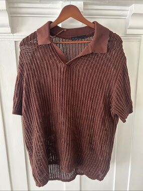 OAK + FORT Brown Open-Weave Polo Knit